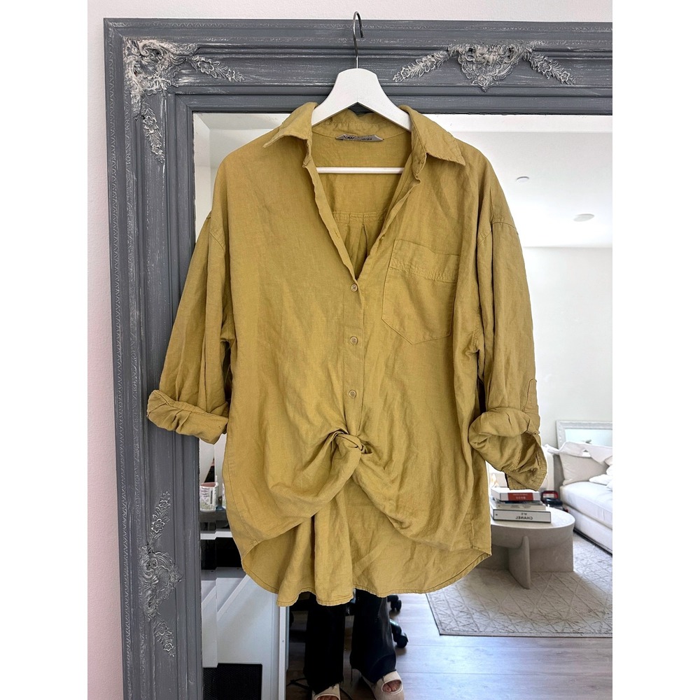 Zara Mustard Yellow Linen Blend Oversized Button Down Boyfriend Shirt Twist S